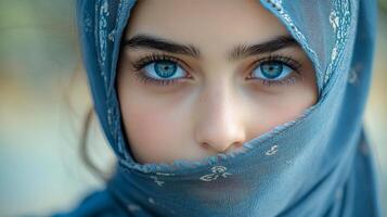 A woman with blue eyes is wearing a blue scarf. The scarf is covering her face, and she is looking at the camera photo