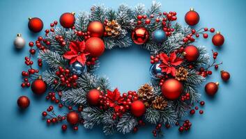 A festive wreath made of red and blue ornaments is displayed on a blue background. The wreath is filled with a variety of colorful ornaments, creating a lively and cheerful atmosphere photo