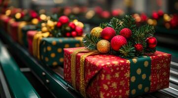 A row of red and green boxes with gold balls on top. The boxes are lined up on a conveyor belt photo