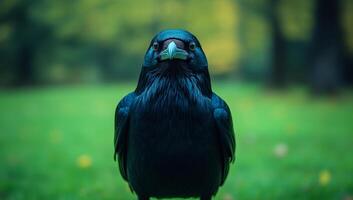 A black bird with a yellow beak is standing on a green field. The bird is looking directly at the camera, creating a sense of curiosity and intrigue photo