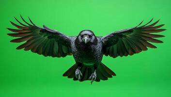 A black crow is flying in the air with its wings spread wide. The bird is looking down at the ground, possibly searching for food. The image has a moody and mysterious feel, as the crow's dark color photo