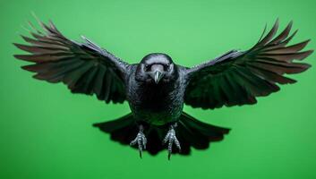 A black crow is flying in the air with its wings spread wide. The bird has a menacing look on its face, and its eyes are staring straight ahead. Concept of danger and foreboding photo