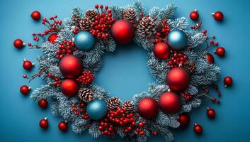 A festive wreath made of red and blue ornaments, with blue ornaments in the center. The wreath is surrounded by a variety of red and blue ornaments, creating a colorful and cheerful display photo