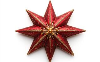 A red star with gold and silver decorations. The star is the center of attention and is surrounded by a white background. The star is shiny and sparkly, giving it a festive and celebratory feel photo
