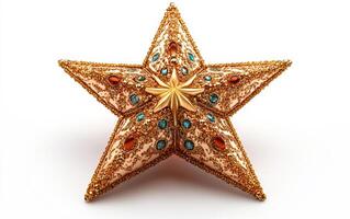 A gold star with blue and red beads on it. The star is shiny and has a glittery appearance photo