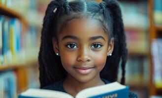 A young girl is sitting in a library reading a book. She has her hair in pigtails and is smiling photo