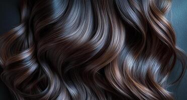 A woman's long, dark hair is shown in a close up. The hair is styled in a way that it is flowing and has a shiny, healthy look. Concept of elegance and sophistication photo