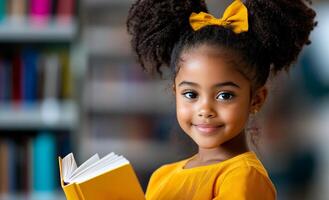 A young girl is holding a book and smiling. She is wearing a yellow shirt and has her hair in a ponytail. The scene takes place in a library, with many books visible in the background photo