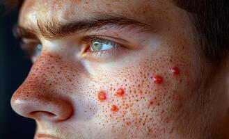 A man with a red face and a green eye. The man has a rash on his face photo