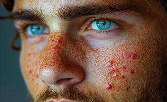 A man with a beard and blue eyes has a red rash on his face. The rash is small and scattered, but it is noticeable. The man's eyes are closed, and he is looking away from the camera photo