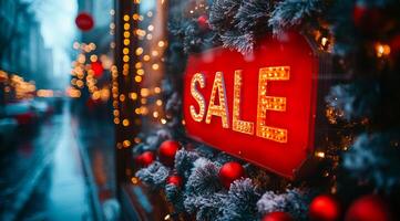A red sign with the word Sale written on it is hanging on a Christmas tree. The sign is lit up and surrounded by Christmas lights, creating a festive atmosphere photo