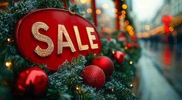 A red sign with the word Sale written on it is hanging on a Christmas tree. The sign is surrounded by red and green decorations, including Christmas balls and a wreath. The scene is set in a city photo