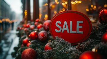 A red sign with the word Sale written on it is hanging from a Christmas tree. The tree is decorated with many red and gold ornaments, including Christmas balls. The scene is set in a city photo