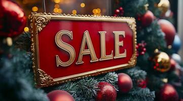 A red sign with the word Sale written on it is hanging from a Christmas tree. The sign is surrounded by a wreath of Christmas decorations, including many red and gold ornaments photo