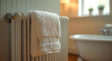 A white towel is hanging on a radiator in a bathroom. The towel is folded neatly and is placed on the radiator. The bathroom has a bathtub and a sink photo