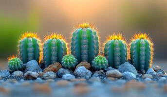 A group of cacti are lined up in a row, with some of them having a yellowish glow. Concept of warmth and natural beauty photo