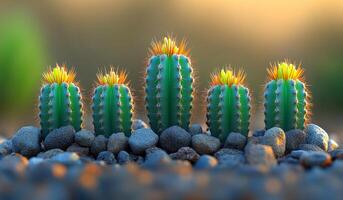A group of cacti are standing on a rocky surface. The cacti are green and yellow, and they are all facing the same direction photo