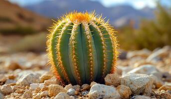 A cactus is standing on a rocky surface. The cactus is green and has a yellow center. The rocky surface is dry and barren photo