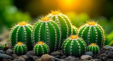 A group of cacti with yellow flowers are in a rocky area. The cacti are all different sizes and are arranged in a row photo