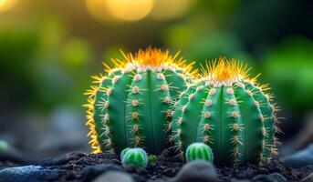 Two cacti with spines and a yellow flower on top. The cacti are in a rocky area with a green background photo