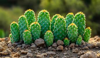 A group of cacti with yellow flowers are growing in a rocky area. The cacti are tall and green, with many spines on their stems. The scene has a natural and rugged feel photo