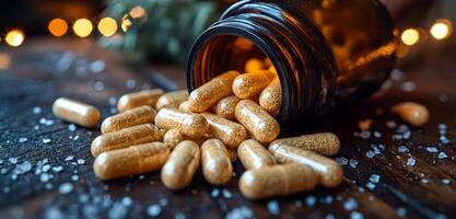 A bottle of pills is open and scattered on a table. The pills are in various sizes and colors, and they are all piled up on the table. The scene gives off a sense of disarray and chaos photo