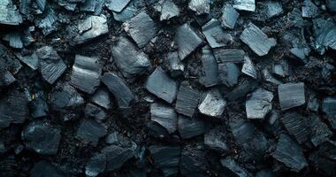 A close up of a pile of black rocks. The rocks are all different sizes and shapes, and they are scattered all over the image. Scene is one of chaos and disorder photo