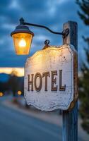 A sign for a hotel is lit up at night. The sign is white and has the word hotel on it. The sign is attached to a wooden post photo