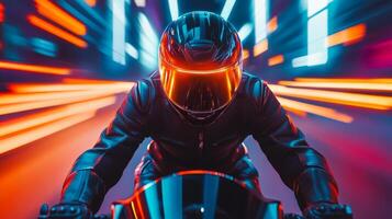 A man in a black helmet and leather jacket is riding a motorcycle. The image has a futuristic and energetic vibe, with the man's helmet and jacket giving off a sense of speed and power photo