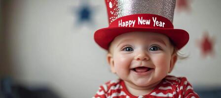 Cheerful baby celebrating New Year in festive hat. A joyful baby wearing a bright red hat smiles widely while celebrating New Year, surrounded by colorful decorations. photo