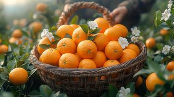 Fresh spring oranges from sunny orchards. A basket filled with ripe oranges sits among blooming trees, showcasing the harvest on a bright spring day in the orchard. photo
