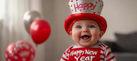 Baby celebrating New Year with joy and laughter. A cheerful baby wearing festive attire celebrates the New Year, showcasing happiness with a big smile and colorful decorations around. photo