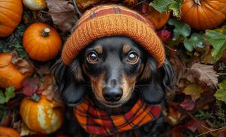 A cozy dog in a pumpkin patch during autumn. A dog wearing a hat and scarf sits among pumpkin decorations surrounded by colorful autumn leaves in a sunny outdoor setting. photo
