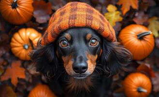 Cute dog wearing a hat among autumn pumpkins. A playful dog with a cozy hat sits surrounded by vibrant autumn leaves and pumpkins, capturing the essence of fall. photo