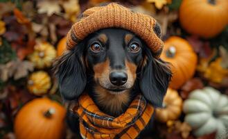 Adorable dog in autumn attire among pumpkins. A cute dog dressed in a warm hat and scarf poses with colorful autumn pumpkins and leaves, showcasing the fall spirit. photo