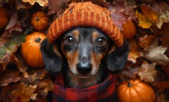 Happy dachshund in an autumn setting with pumpkins. A dachshund wears an orange hat, surrounded by colorful leaves and pumpkins, enjoying the cozy autumn atmosphere. photo