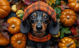 Cute dachshund in a pumpkin patch during autumn. A dachshund wearing an orange hat sits among pumpkins and fall leaves, embodying the spirit of autumn festivities. photo