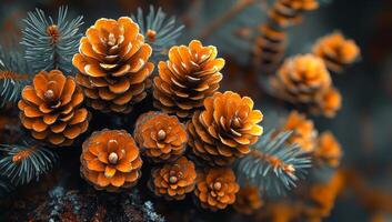 Pine cones on mossy autumn ground. Clusters of vibrant orange pine cones rest among green foliage, showcasing the beauty of autumn in a tranquil forest setting. photo