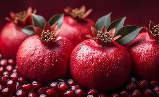 Fresh pomegranates with droplets on red background. Several ripe pomegranates glisten with water droplets, surrounded by vibrant seeds against a rich red backdrop. photo
