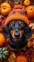 Cute dachshund wearing a hat among autumn leaves. A playful dachshund in an orange hat surrounded by colorful autumn leaves and pumpkins captures the festive fall spirit wonderfully. photo