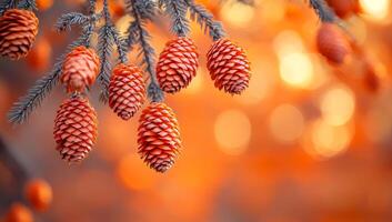 Beautiful pine cones hanging on branches at sunset. Pine cones dangle elegantly from branches, glowing softly in the warm light of a setting sun, creating a tranquil mood. photo