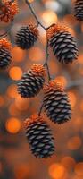 Pine cones hanging on a branch in autumn light. Pine cones dangle from a branch, illuminated by soft orange lights, creating a warm and inviting autumn atmosphere. photo