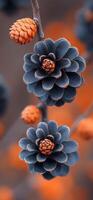 Pine cones close-up on orange backdrop. Pine cones displayed prominently with a rich orange background, showcasing intricate details and vibrant contrasts in nature. photo