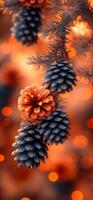 Beautiful pine cones hanging on a branch in autumn. Pine cones with vibrant colors hang from a tree against a warm, blurred background, creating a cozy autumn atmosphere. photo
