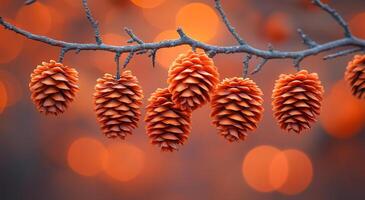 Beautiful pine cones hanging on a branch in autumn. Lush pine cones dangle from a branch, glowing softly against a warm autumn backdrop filled with hints of orange. photo