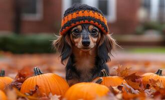 Cute dog wearing a hat among pumpkins in autumn. A small dog in a cozy hat sits surrounded by pumpkins and colorful autumn leaves, showcasing a festive fall atmosphere. photo