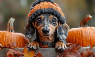 Dog in a hat with pumpkins and leaves. A cute dog wearing a cozy hat sits between pumpkins, surrounded by colorful autumn leaves in a serene outdoor setting. photo