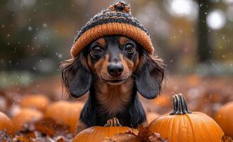 Cute dog wearing a hat among pumpkins in autumn. A small dog in a cozy hat sits surrounded by pumpkins, capturing the essence of autumn with falling leaves and a chilly atmosphere. photo