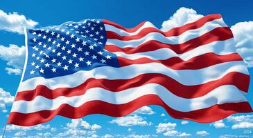 American flag waving under a bright blue sky. The American flag flutters gracefully against a backdrop of fluffy white clouds and a vivid blue sky, symbolizing patriotism and unity. photo
