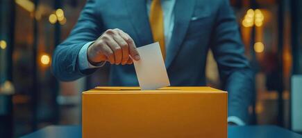 Voting process in a modern office environment. A person in a suit casts a ballot into an orange box during a voting event in a contemporary office space. photo